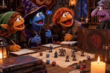 A colourful puppet adventuring party playing a tabletop roleplaying game