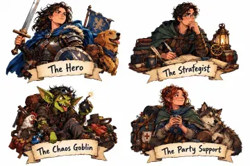 Four illustrated fantasy roleplaying character archetypes