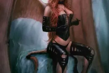 A fantasy succubus with red hair, wings and a tail